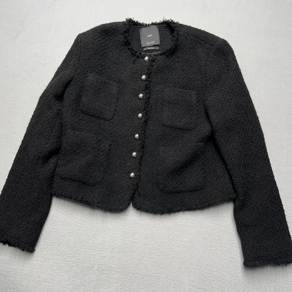 MNG Black Tweed Collarless Cropped Jacket with Frayed‎ Trim and Silver Buttons S